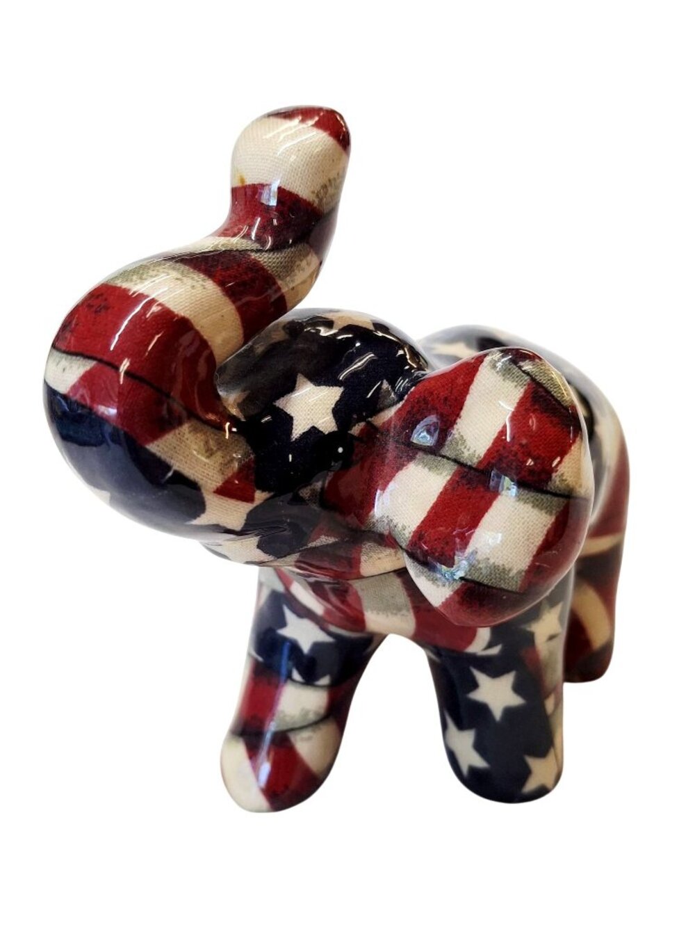 Patriotic American Flag Elephant Figurine Glossy Ceramic Decor 6" Red White Blue
